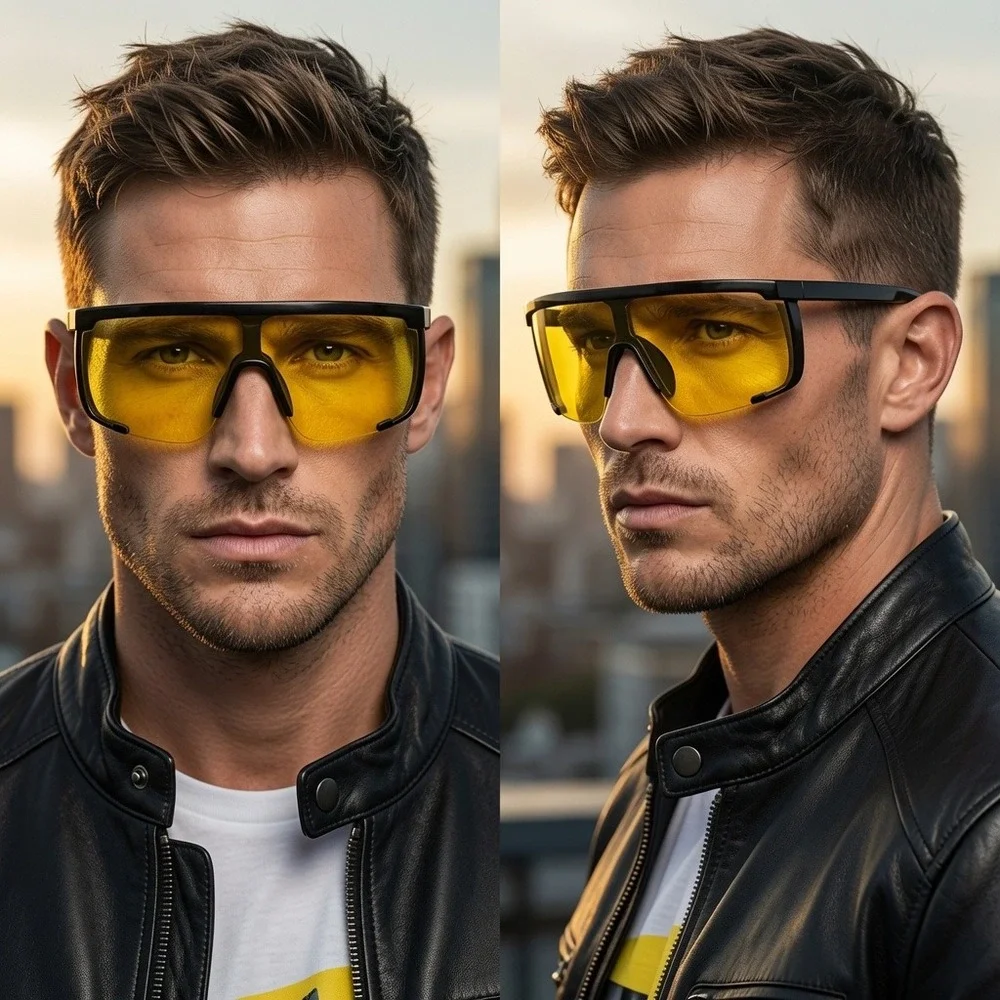 Mens Oversized Shield Sunglasses Yellow Lens Black Frame Flat Top Safety Eyewear